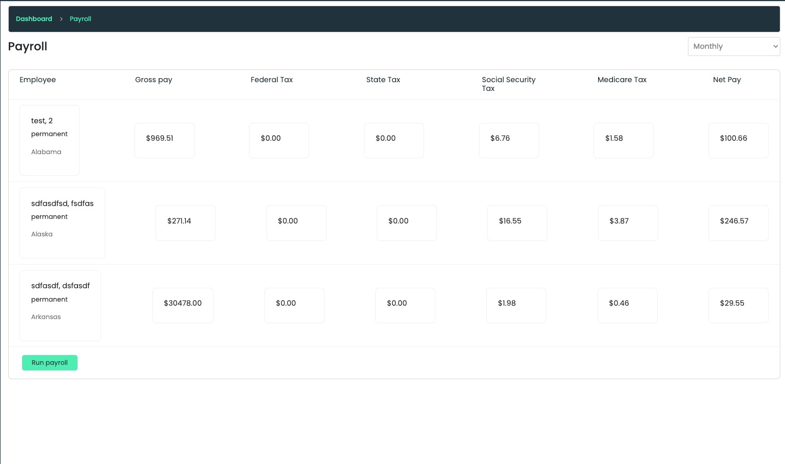 Payroll solution dashboard