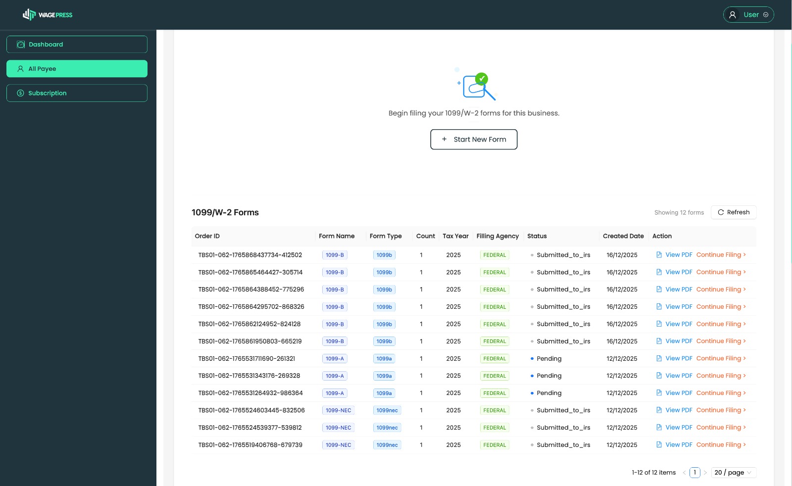 EFTPS solution dashboard